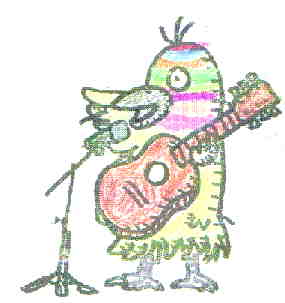 鳥のカラス君がギターを抱えてマイクに向かって歌っているイラスト